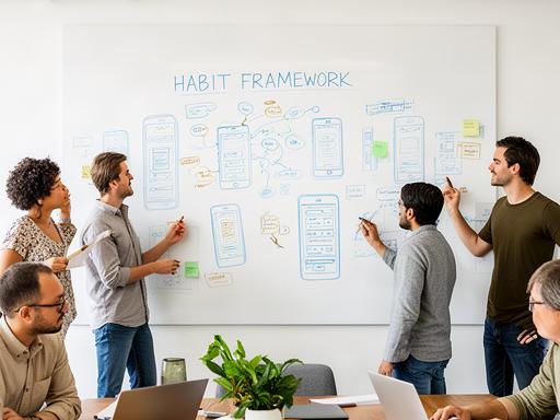 The Happy Daily team collaborating around a whiteboard with habit framework diagrams and mobile UI sketches in a bright office in Arlington Heights