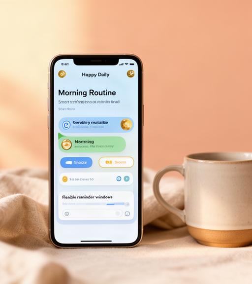 Smartphone screen showing morning reminder notifications from Happy Daily with snooze options and soft warm-toned interface