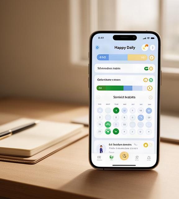 Mobile phone displaying Happy Daily habit tracking app with progress bars and streak calendar on a warm desk surface