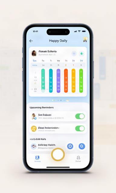 Smartphone displaying the Happy Daily main dashboard with streak calendar, progress bars, and upcoming reminders in a clean mobile layout