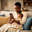 Juel Kasongo, new parent, holding a baby while checking phone on a couch