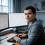 Mikyle Kayce, remote software developer, sitting at a home desk with dual monitors
