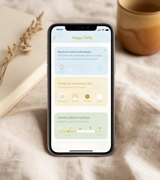 Smartphone displaying a calming journaling interface with gratitude prompts and mood tracking in Happy Daily on a soft linen background
